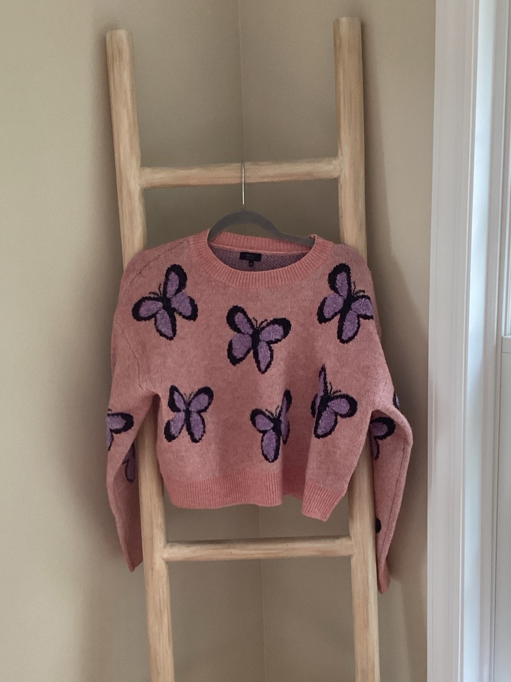 debut Pink Crewneck Sweater with Purple Butterfly Motif
